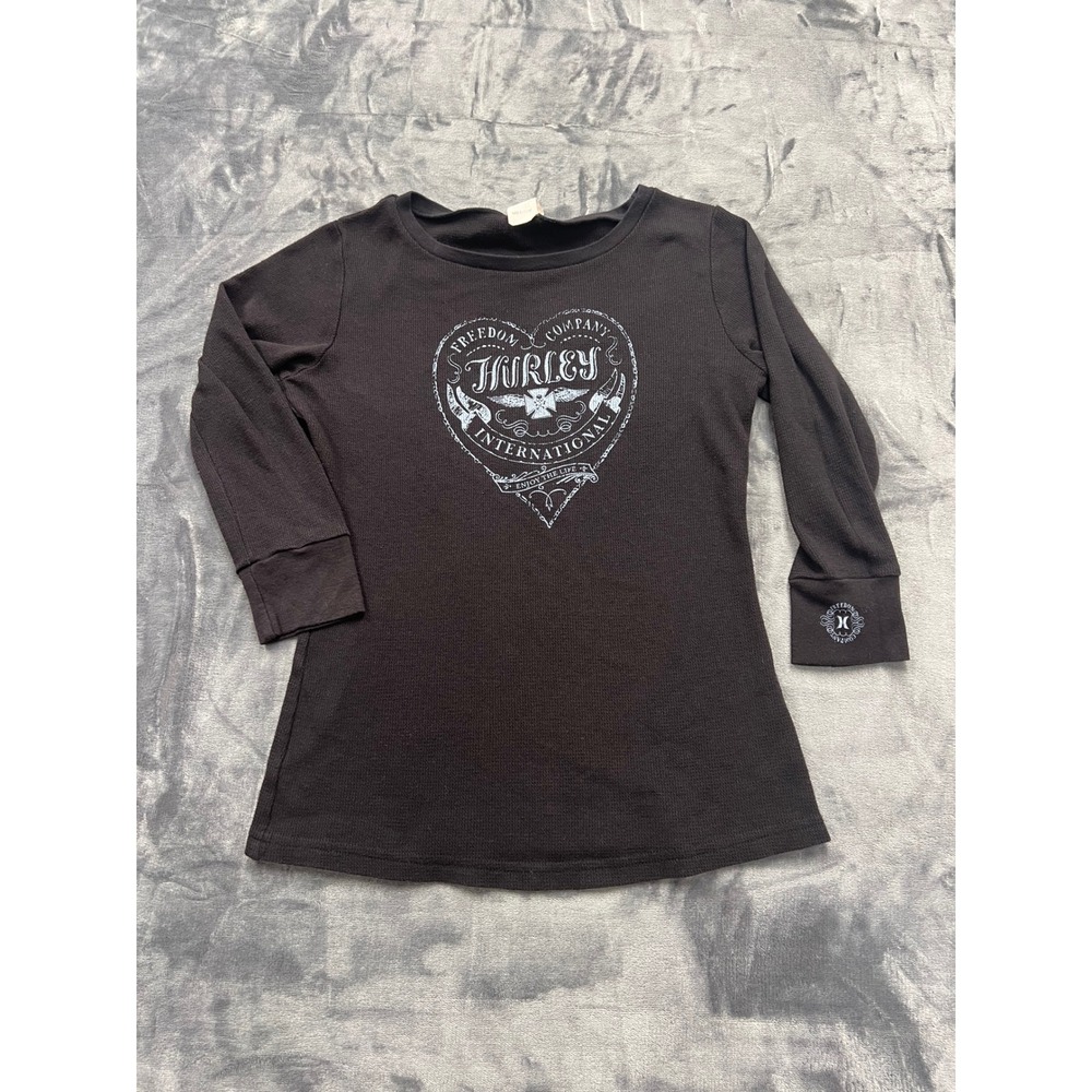 Hurley International Womens Black‎ Thermal Waffle Knit Heart Graphic Top Medium